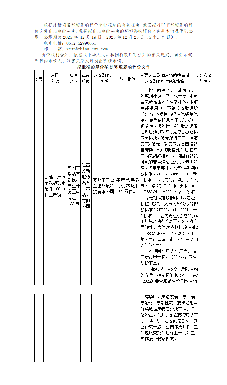 2025年 12月 19日常熟高新技术产业开发区关于拟作出审批决定的环境影响评价文件公示-法雷奥新能源汽车（常熟）有限公司_01.png