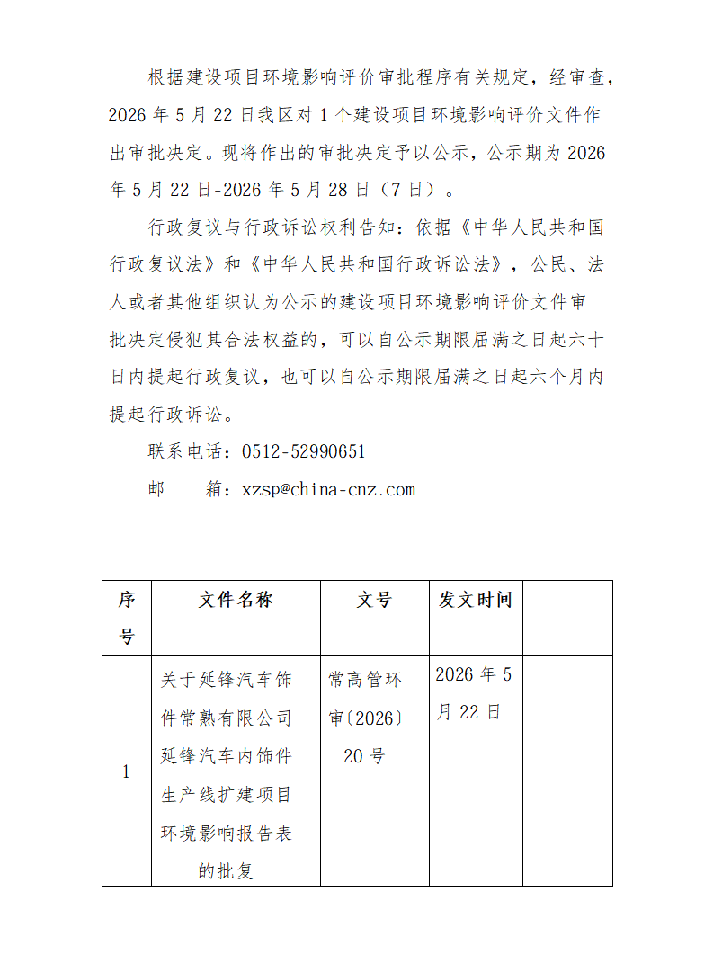 2026年5月22日常熟高新技术产业开发区延锋项目环境影响报告书（表）的批复_01.png